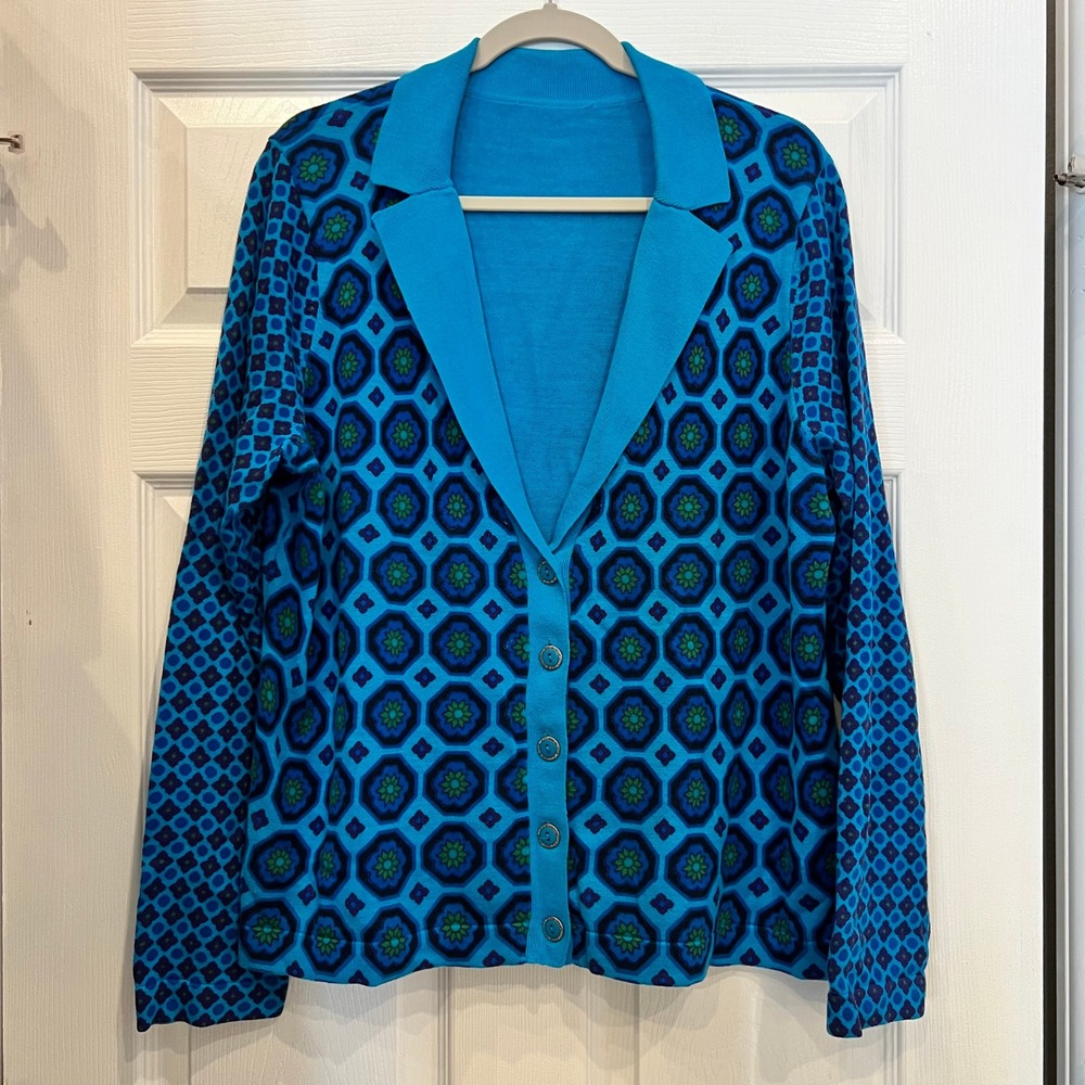 Isaac Mizrahi Live Cardigan Cotton Geometric Floral Notched Lapel Sweater XL